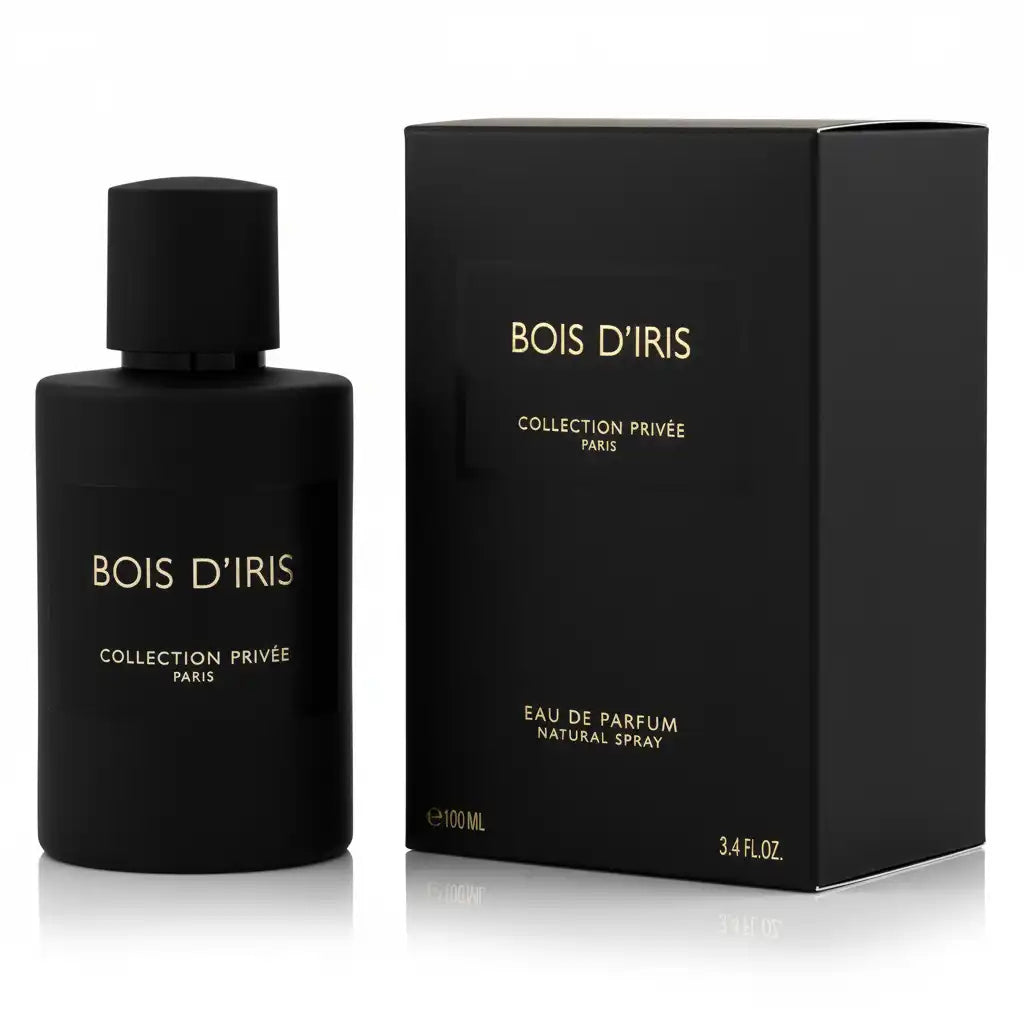 Flacon de parfum Bois d’Iris Geparlys Parfums 100 ML avec boîte noire élégante.