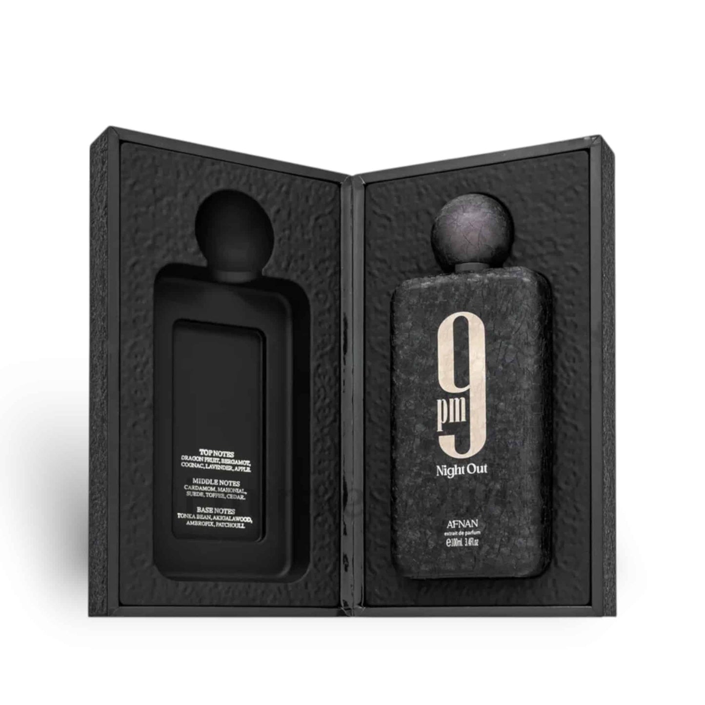 Flacon et packaging du parfum 9PM Night Out Afnan 100 ML, enveloppé dans un design élégant et moderne.