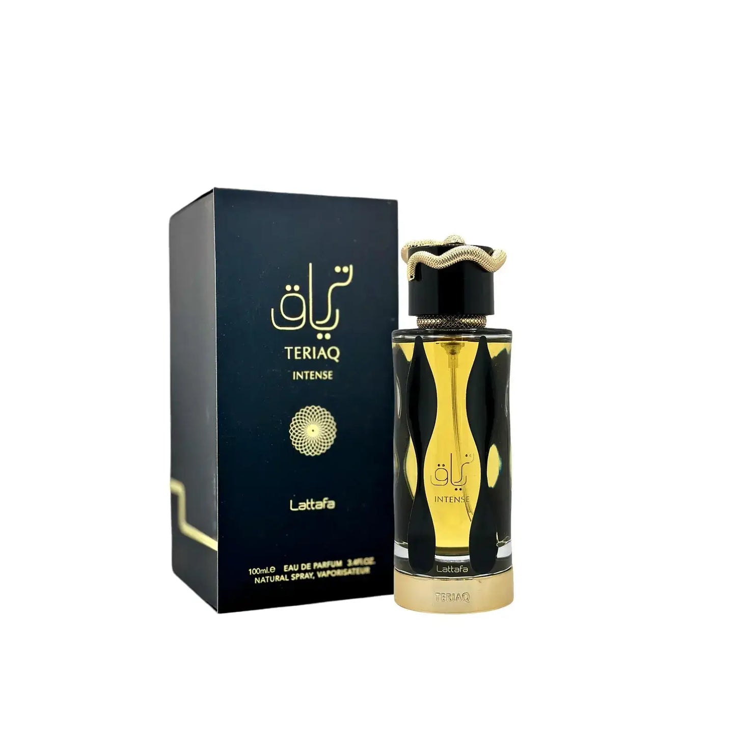 Flacon de parfum Teriaq Intense Lattafa 100ML avec emballage, fragrance orientale épicée.