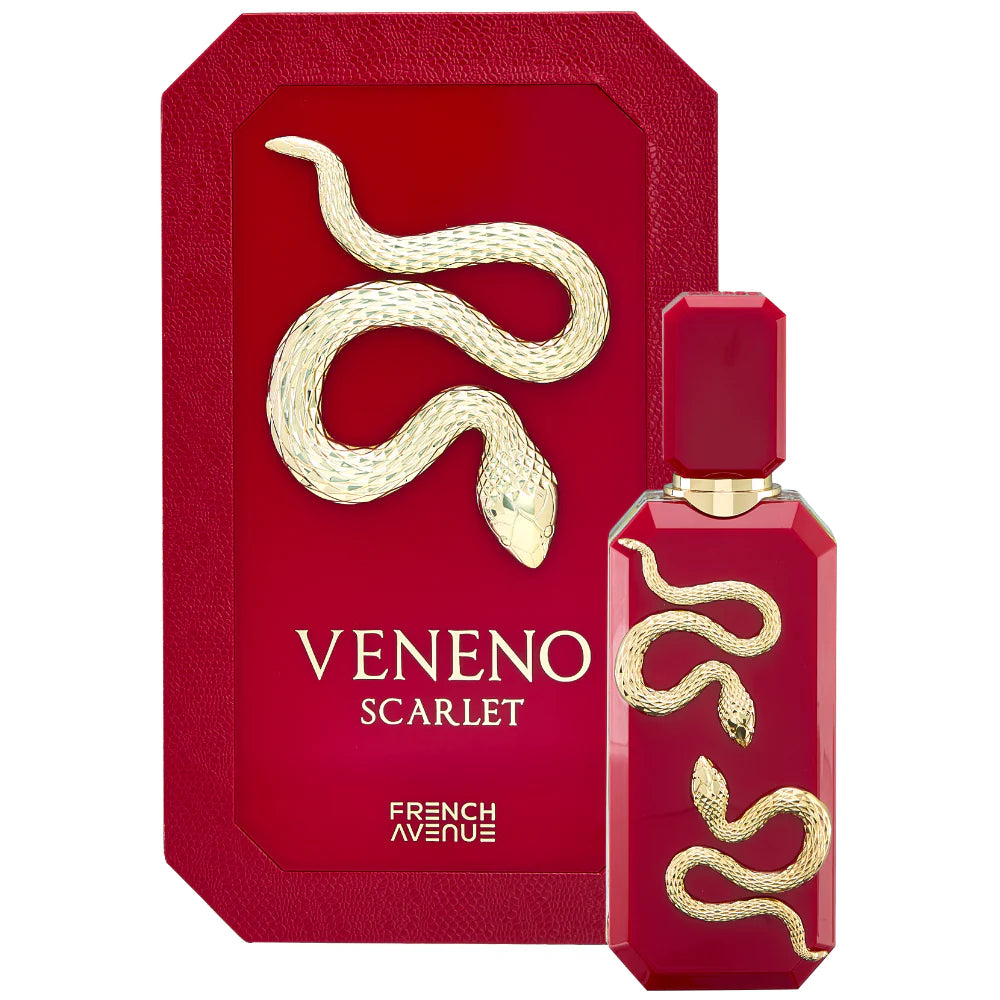 Veneno Scarlet French Avenue 100 ML, parfum oriental fruité gourmand boisée, bouteille et emballage rouge homme femme maroc