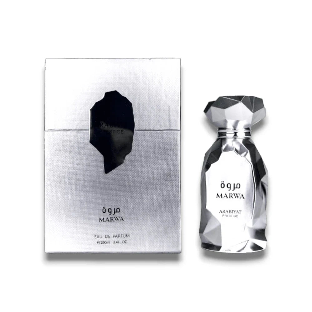 "Flacon de luxe Marwa Arabiyat Prestige original, parfum oriental haut de gamme au Maroc, disponible chez Perfumes & Beyond avec livraison rapide."
