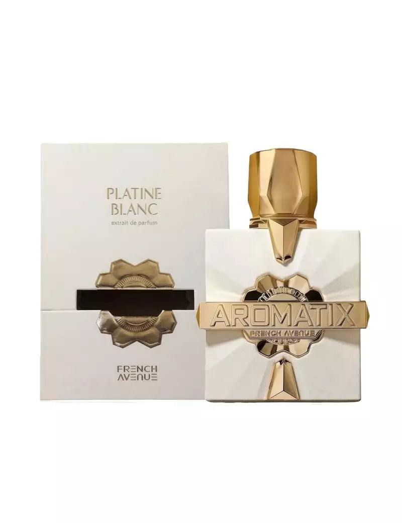 Flacon de parfum Platine Blanc Aromatix X French Avenue 100 ML avec boîte. Luxe et pureté cristalline.