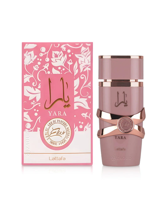 Yara Elixir Lattafa 100 ML parfum gourmand fruité pour femme avec emballage élégant rose et doré.