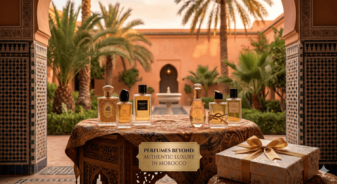  Le Guide Ultime du Parfum Original au Maroc Vente de parfum original Maroc : flacons Lattafa et fragrances haut de gamme sur une table traditionnelle marocaine.
