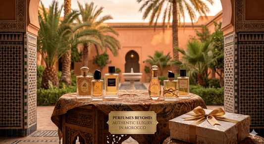  Le Guide Ultime du Parfum Original au Maroc Vente de parfum original Maroc : flacons Lattafa et fragrances haut de gamme sur une table traditionnelle marocaine.