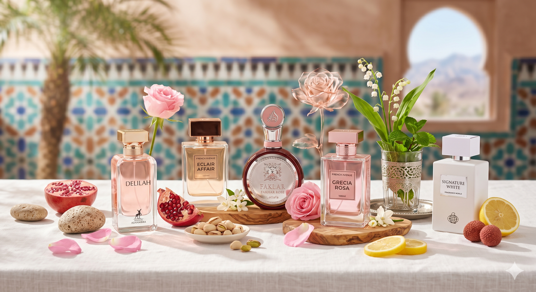 Les meilleurs parfums arabes pour femme printemps été 2026 : sélection de Delilah, Fakhar Rose et Eclair Affair, disponibles chez Perfumes Beyond au Maroc et en Europe.