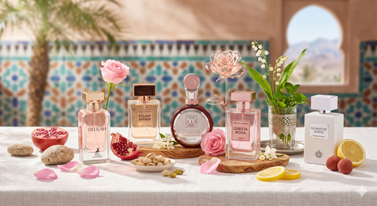Les meilleurs parfums arabes pour femme printemps été 2026 : sélection de Delilah, Fakhar Rose et Eclair Affair, disponibles chez Perfumes Beyond au Maroc et en Europe.