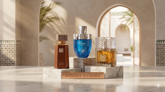 Flacons de parfums authentiques Liquid Brun, Rare Reef et Khamrah Qahwa sur des plinthes en marbre dans un décor de riad marocain épuré.