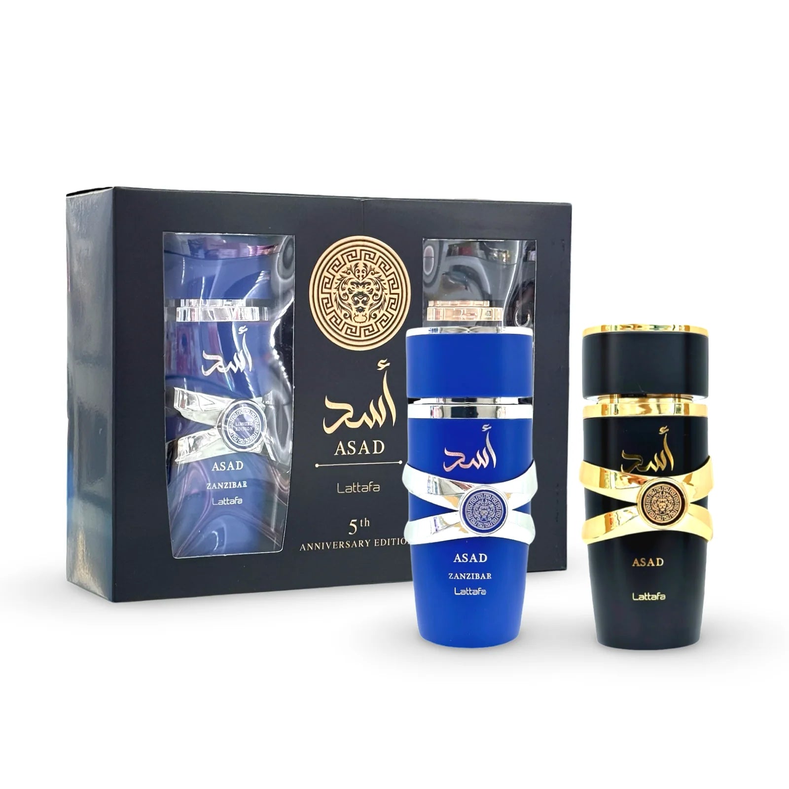 Asad Duo Set Lattafa 100ML 5th Anniversary Edition avec flacons bleu et noir en coffret.