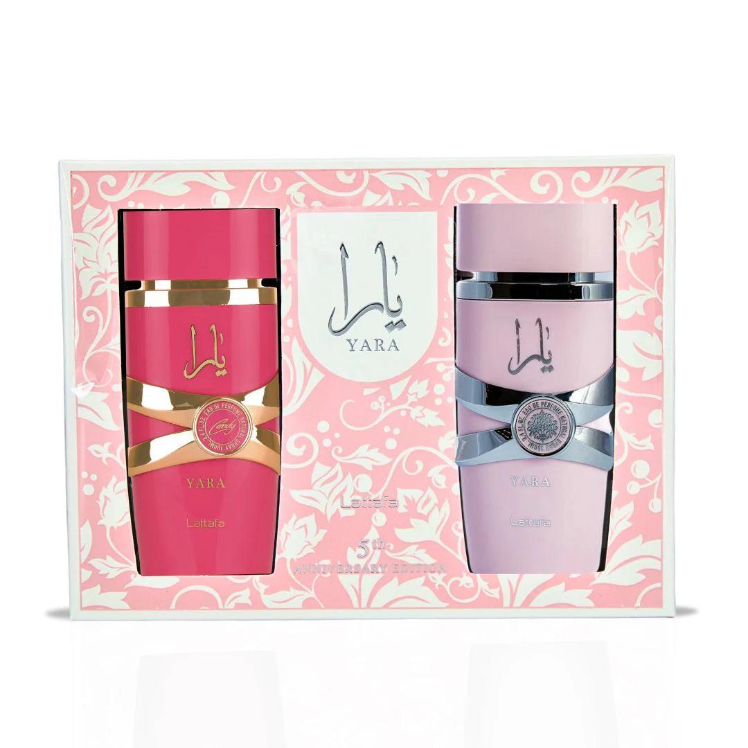 Yara Duo Set by Lattafa 5th Anniversary Edition avec flacons de parfum Yara et Yara Candy dans un coffret élégant.