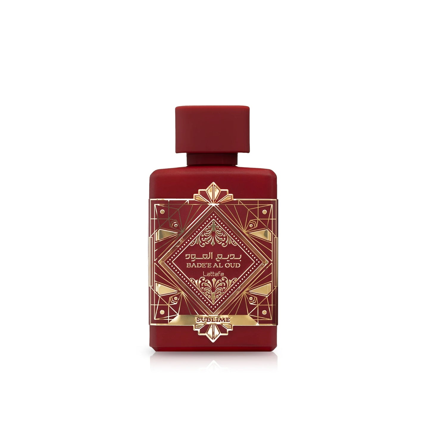 Badee Al Oud Sublime Lattafa 100ML flacon de parfum aux motifs élégants et ruby, pour hommes et femmes.