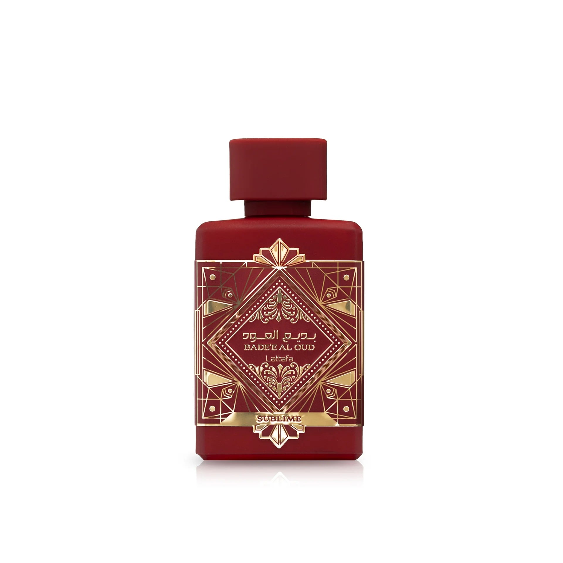 Badee Al Oud Sublime Lattafa 100ML flacon de parfum aux motifs élégants et ruby, pour hommes et femmes.