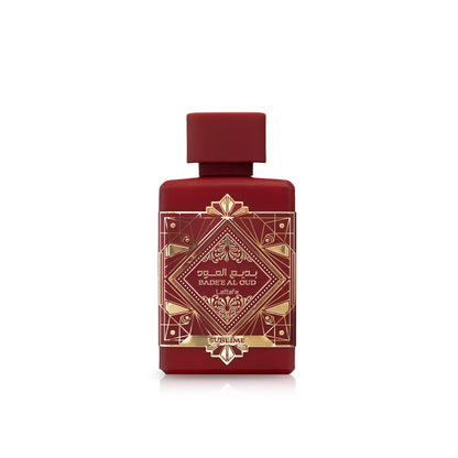 Badee Al Oud Sublime Lattafa 100ML flacon de parfum aux motifs élégants et ruby, pour hommes et femmes.