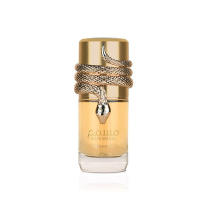 Flacon de parfum Musamam White Intense Lattafa 100ML avec un design élégant et serpent doré.