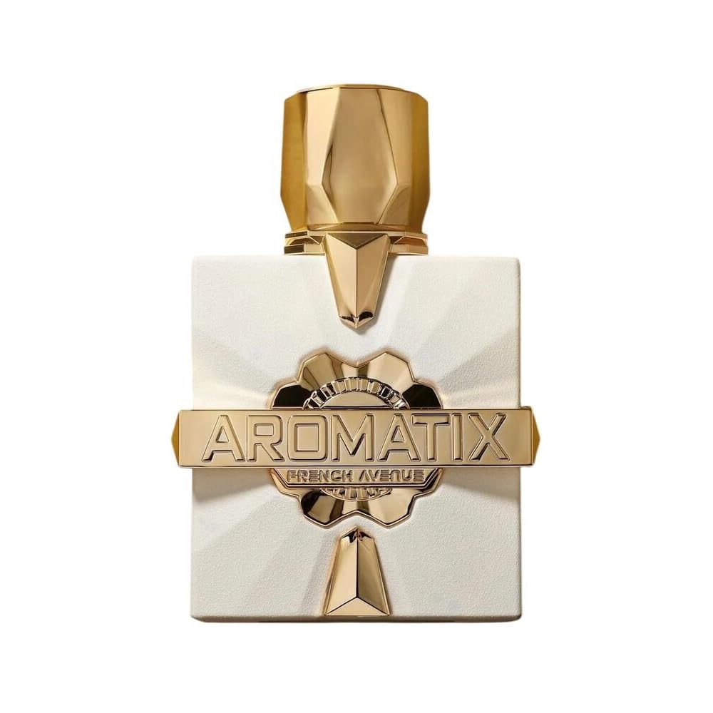 Flacon de parfum Platine Blanc Aromatix X French Avenue 100 ML avec une bouteille blanche et dorée.