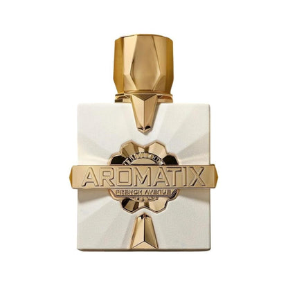 Flacon de parfum Platine Blanc Aromatix X French Avenue 100 ML avec une bouteille blanche et dorée.