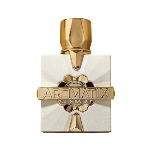 Flacon de parfum Platine Blanc Aromatix X French Avenue 100 ML avec une bouteille blanche et dorée.