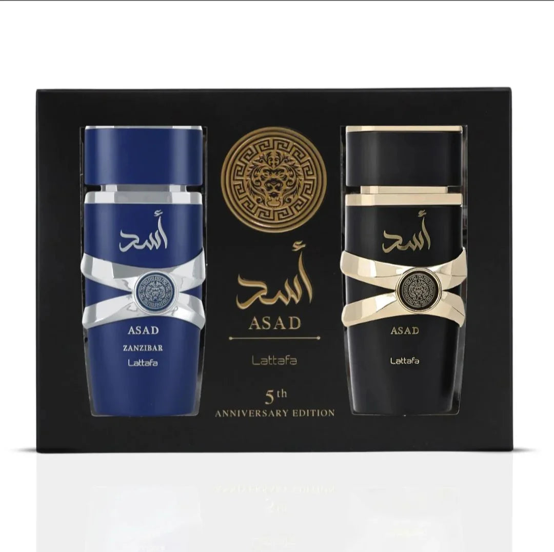 Asad Duo Set Lattafa 100ML 5th Anniversary Edition avec Eau de Parfum Asad et Asad Zanzibar.