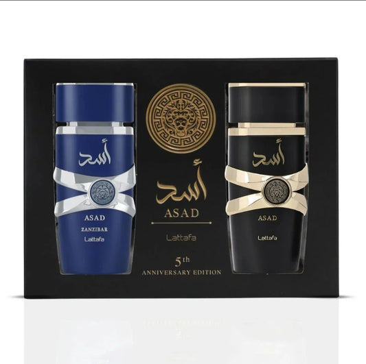 Asad Duo Set Lattafa 100ML 5th Anniversary Edition avec Eau de Parfum Asad et Asad Zanzibar.