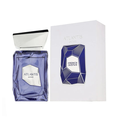 Flacon d'Atlantis Extrait French Avenue 100 ML avec emballage élégant à côté.