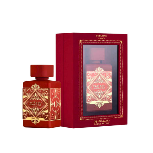 Badee Al Oud Sublime Lattafa 100ML flacon avec packaging rouge élégant.