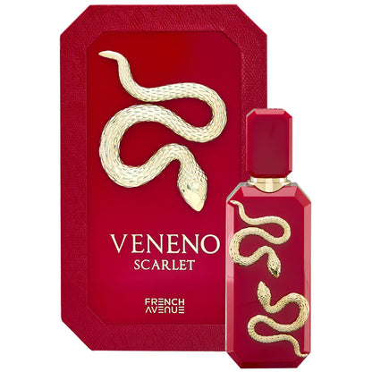 Veneno Scarlet French Avenue 100 ML, parfum oriental fruité gourmand boisée, bouteille et emballage rouge.
