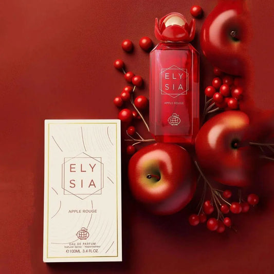 Elysia Apple Rouge Fragrance World 100 ML avec une bouteille rouge et des pommes sur fond rouge femme maroc