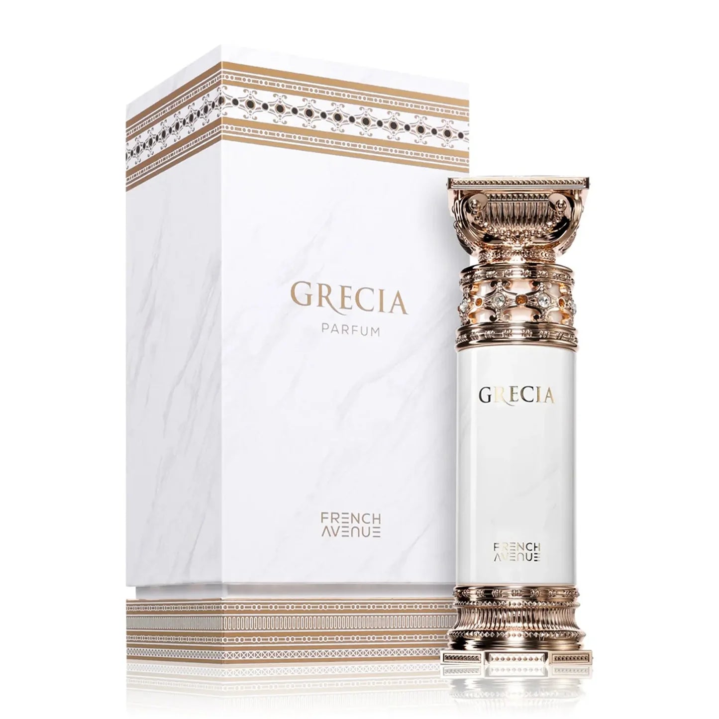 Flacon de parfum Grecia French Avenue 100 ML avec emballage élégant et détails dorés.