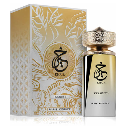 Flacon de parfum Khair Felicity Paris Corner 100 ML avec emballage doré élégant.