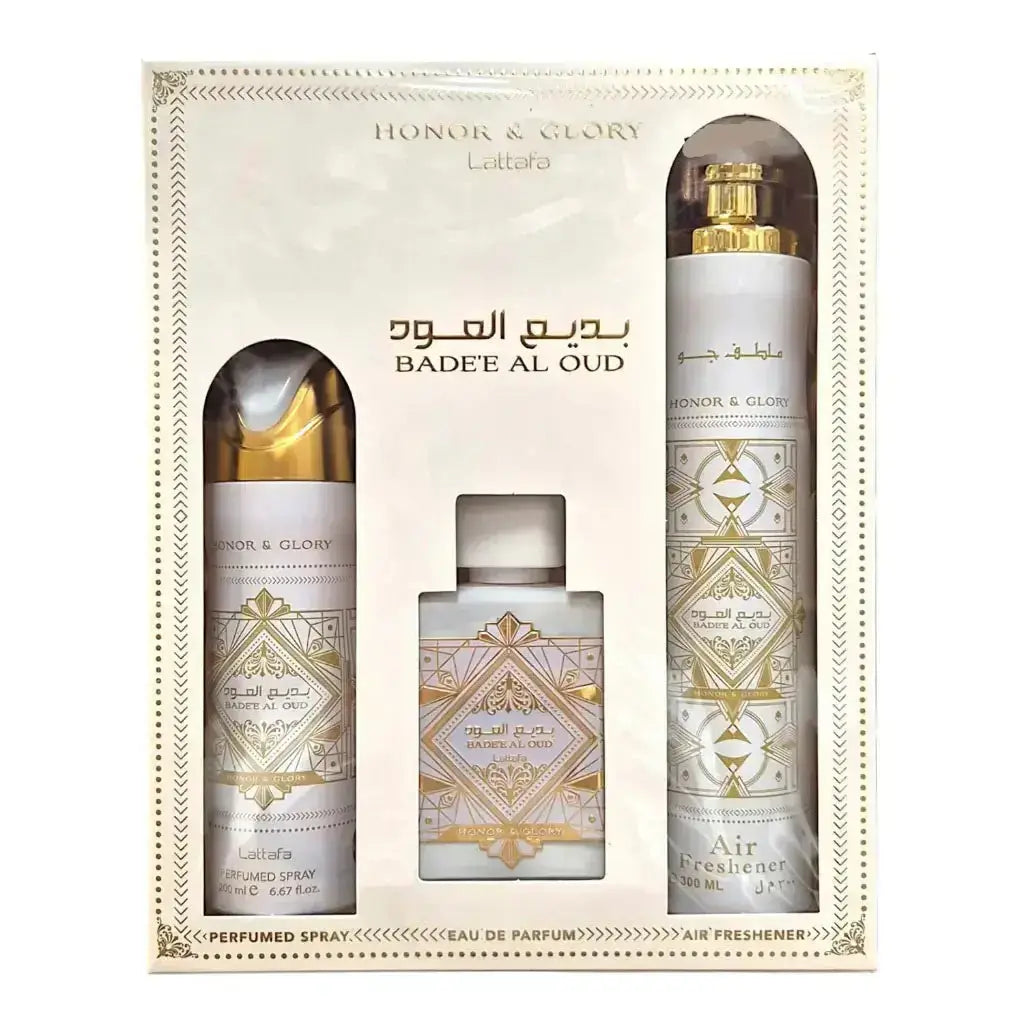 Lattafa Bade’e Al Oud Honor &amp; Glory – 3 Pièces (Unisexe) Perfumes & Beyond    Perfumes & Beyond