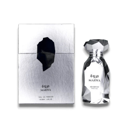 "Flacon de luxe Marwa Arabiyat Prestige original, parfum oriental haut de gamme au Maroc, disponible chez Perfumes & Beyond avec livraison rapide."