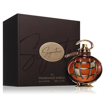 Signature Brown Fragrance World 100 ML – Parfum unisexe boisé-épice dans un élégant flacon.
