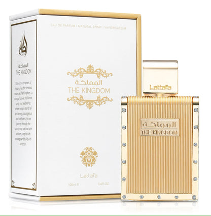 The Kingdom Al Mamlaka lattaf 100ML, parfum élégant en flacon doré avec boîte décorative.