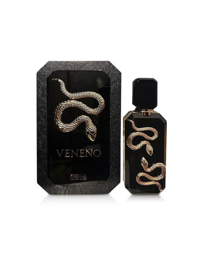 Flacon de parfum Veneno Black French Avenue 100 ML avec design élégant et packaging noir, serpent doré décoratif.