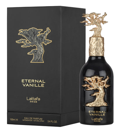 Flacon et boîte de parfum Eternal Vanille Lattafa Pride 100 ML, parfum envoûtant pour une expérience unique.