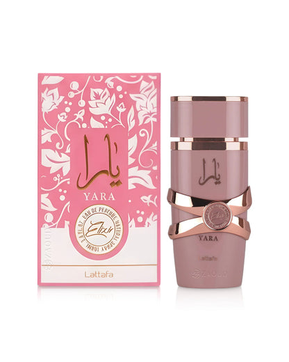 Yara Elixir Lattafa 100 ML parfum gourmand fruité pour femme avec emballage élégant rose et doré.