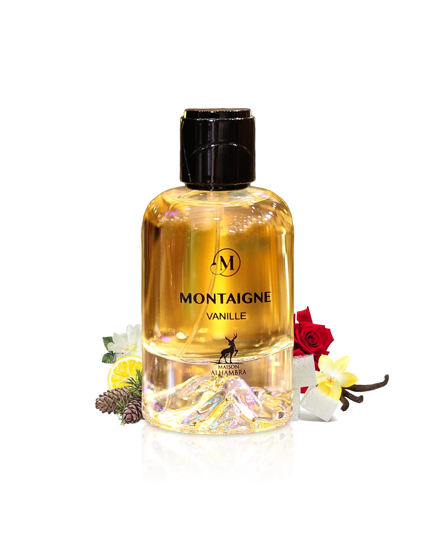 Flacon de parfum Montaigne Vanille Maison Alhambra 100 ML avec fleurs colorées en arrière-plan.