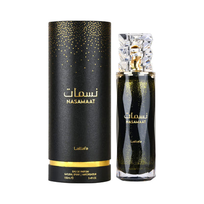 Flacon de parfum Nasamaat Lattafa 100 ML avec emballage élégant et moderne, fragrance orientale-cuirée.