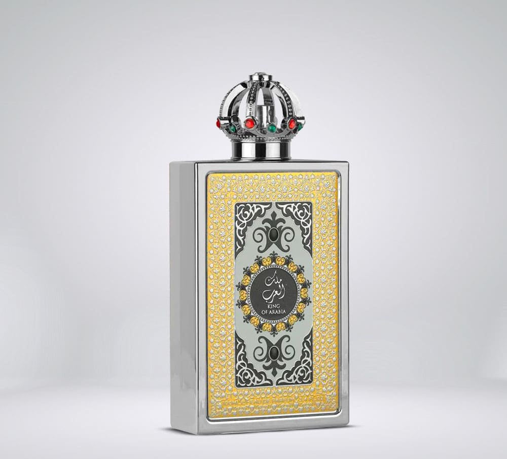Flacon de parfum King of Arabia Lattafa 100 ML avec un design élégant et un bouchon décoratif.