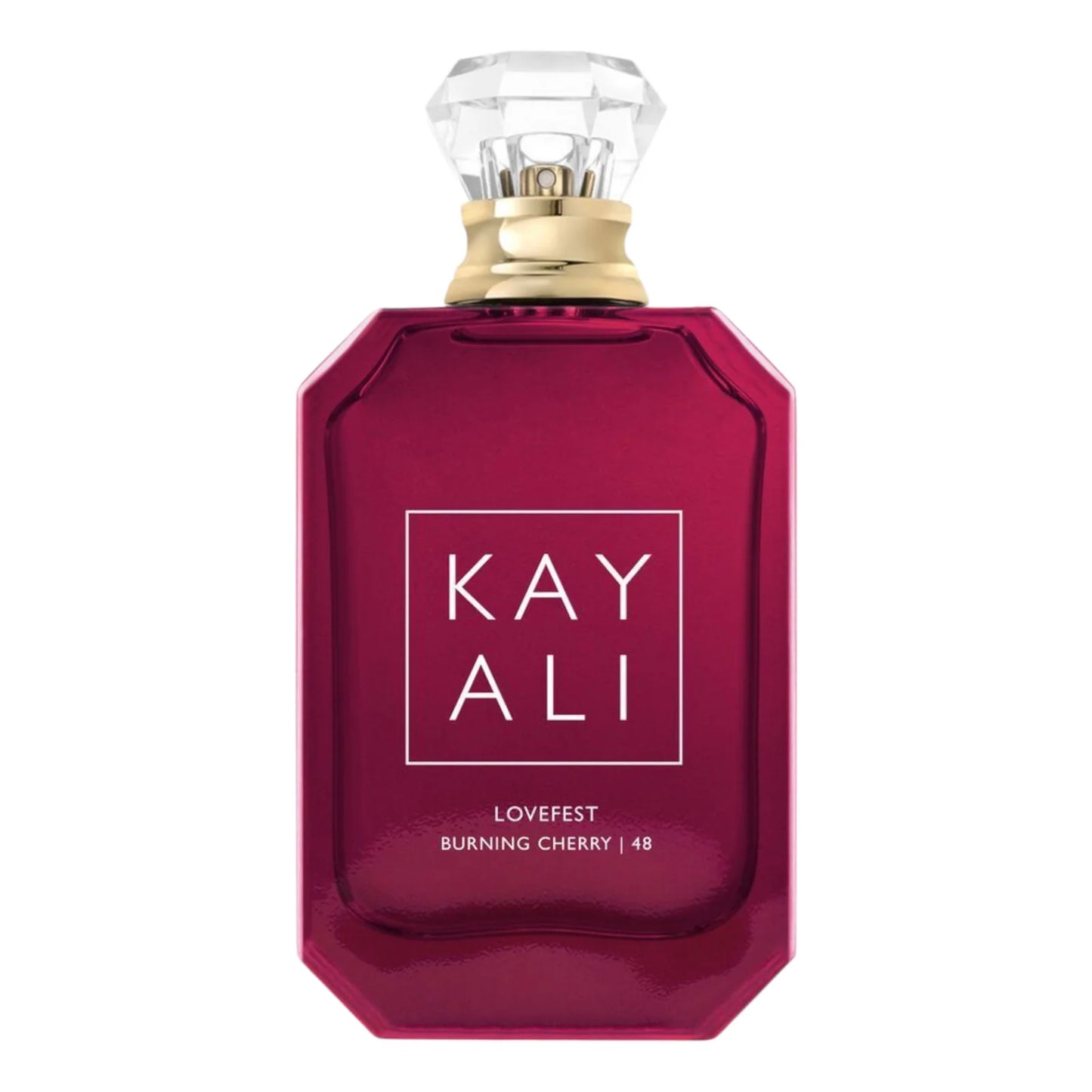 Flacon de parfum Kayali Lovefest Burning Cherry 48 de 100 ML, couleur rouge éclatante.