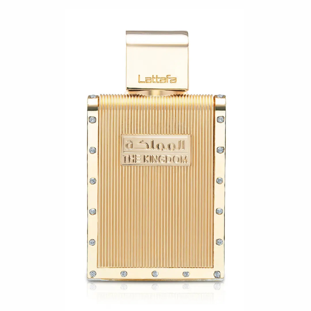 Flacon de parfum The Kingdom Al Mamlaka lattaf 100ML avec design doré et cristaux décoratifs.