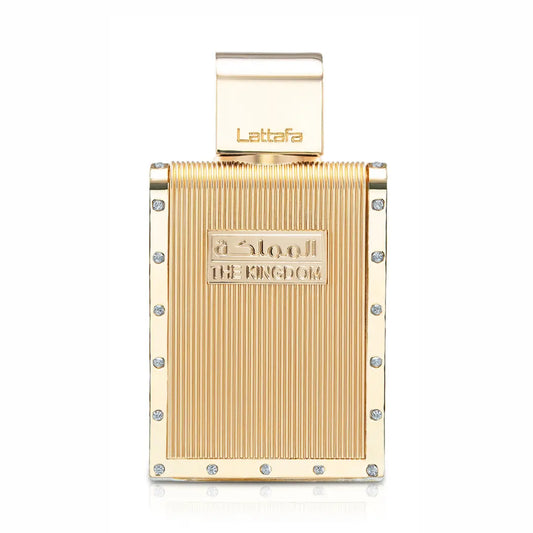Flacon de parfum The Kingdom Al Mamlaka lattaf 100ML avec design doré et cristaux décoratifs.