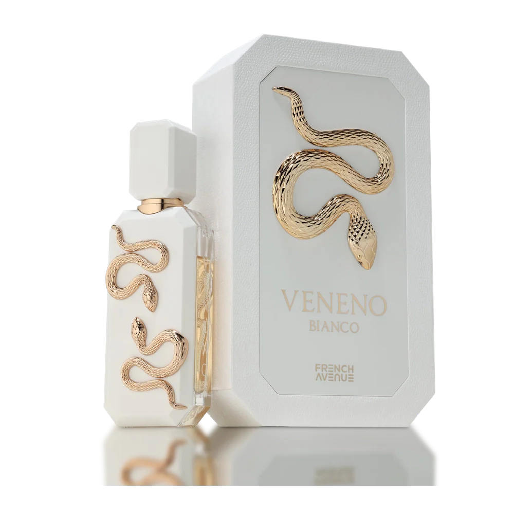 Veneno Bianco French Avenue 100 ML – flacon de parfum unisexe avec emballage élégant et design serpent.