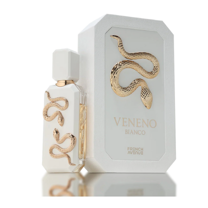 Veneno Bianco French Avenue 100 ML – flacon de parfum unisexe avec emballage élégant et design serpent.