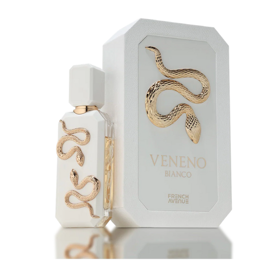 Veneno Bianco French Avenue 100 ML – flacon de parfum unisexe avec emballage élégant et design serpent.