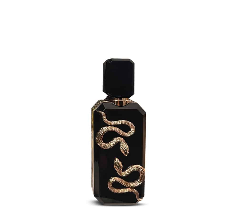 Flacon de parfum Veneno Black French Avenue 100 ML avec motif de serpent doré sur le verre noir.