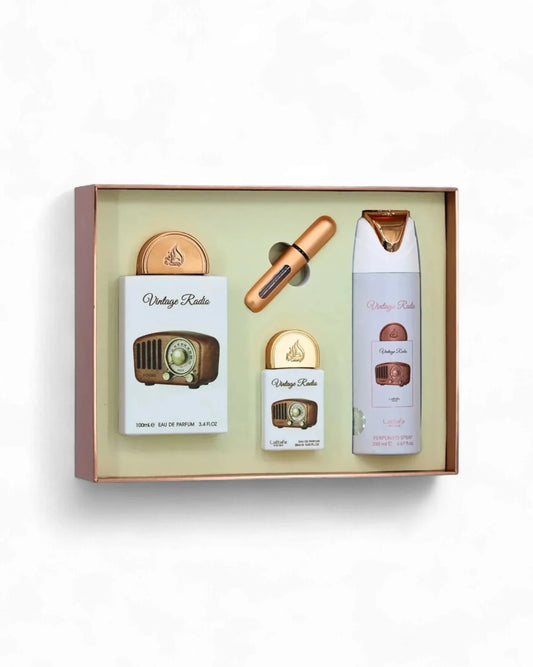 Vintage Radio Coffret Lattafa Pride Coffret Parfum Mixte - Ensemble parfumé élégant avec une présentation vintage homme femme maroc