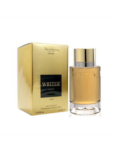 Flacon de parfum Cyrus Writer Gold 100 ML avec boîte dorée, fragrance masculine élégante.